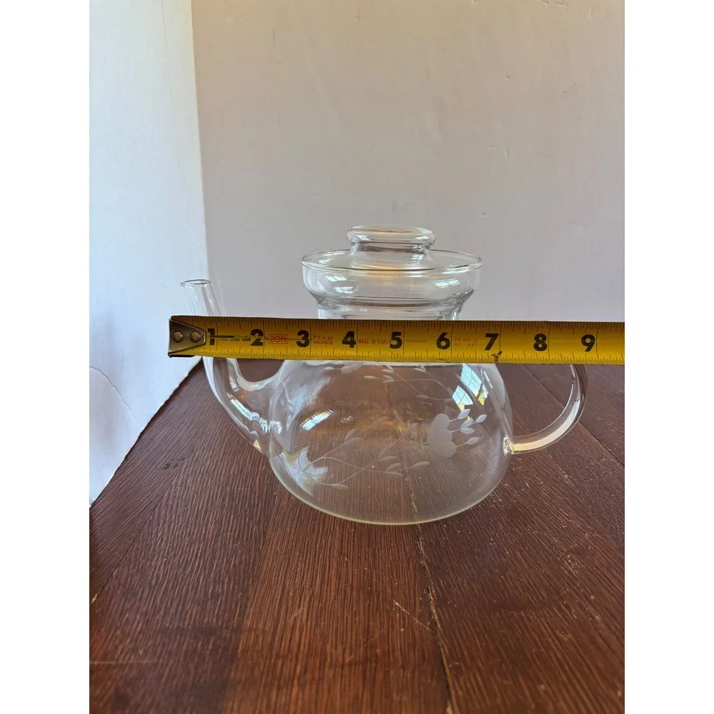 Princess House Heritage Etched Glass Teapot with Lid Floral Vine Pattern 6.5in